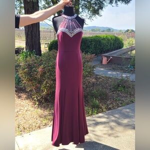 Say Yes to the Prom Jeweled High Neck Maxi Dress, jeweled collar wine red sz 5